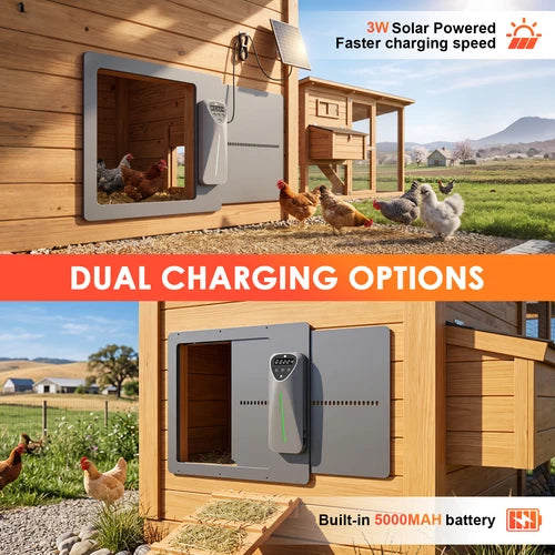 Solar-powered chicken coop charging system shown installed on a wooden coop outdoors, with chickens nearby. The image includes text callouts for 3W solar powered faster charging and built-in 5000mAh battery, plus a large banner reading DUAL CHARGING OPTIONS at Pet Servo