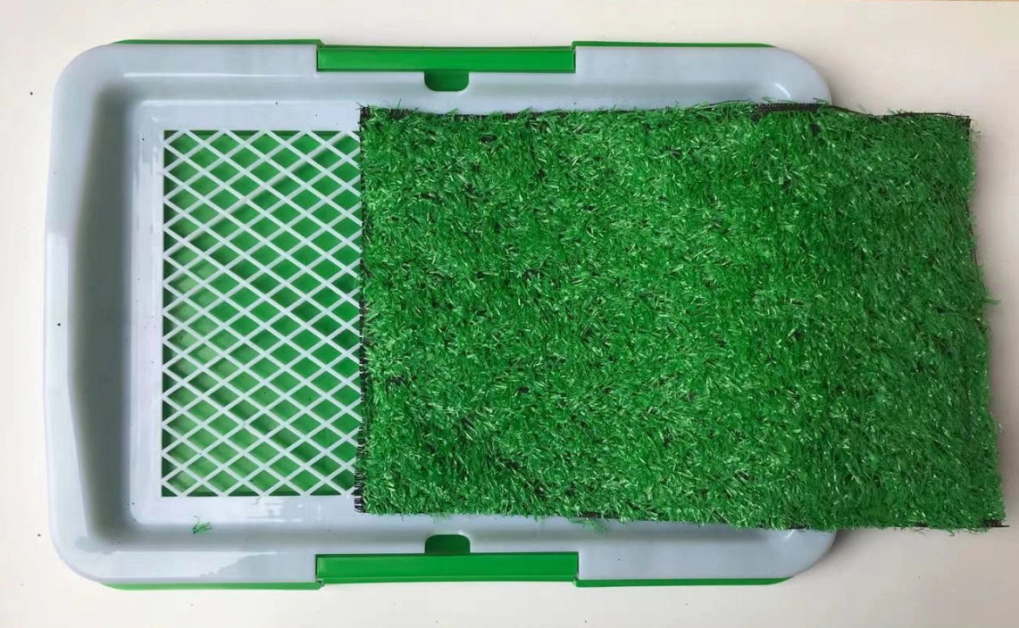 Green artificial grass mat with a white border on a light gray background at Pet Servo