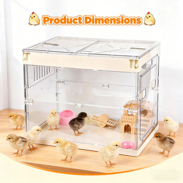 Clear chicken brooder with chicks and product dimensions text