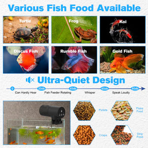 Advertisement for fish food with images of different types of fish and a fish feeder, labeled 'Ultra-Quiet Design' at Pet Servo