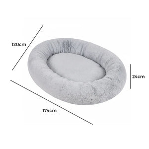 Gray pet bed with dimensions labeled on a white background at Pet Servo