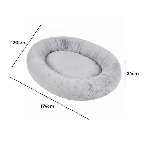 Gray pet bed with dimensions labeled on a white background at Pet Servo