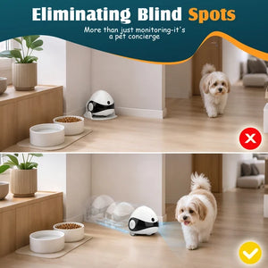 A split-screen comparison showing a small white dog in a home hallway with a smart pet concierge robot. The top panel shows the dog approaching a blind spot without the robot, while the bottom panel shows the robot emitting a blue laser-like detection field to guide the dog around the blind spot at Pet Servo