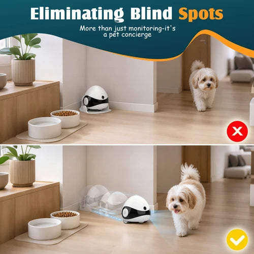 A split-screen comparison showing a small white dog in a home hallway with a smart pet concierge robot. The top panel shows the dog approaching a blind spot without the robot, while the bottom panel shows the robot emitting a blue laser-like detection field to guide the dog around the blind spot at Pet Servo