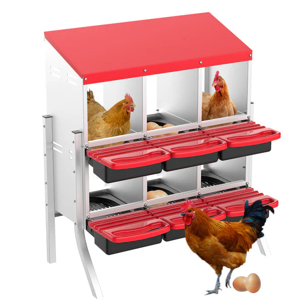 Chicken coop with red roof and multiple compartments, featuring chickens and eggs on a white background at Pet Servo