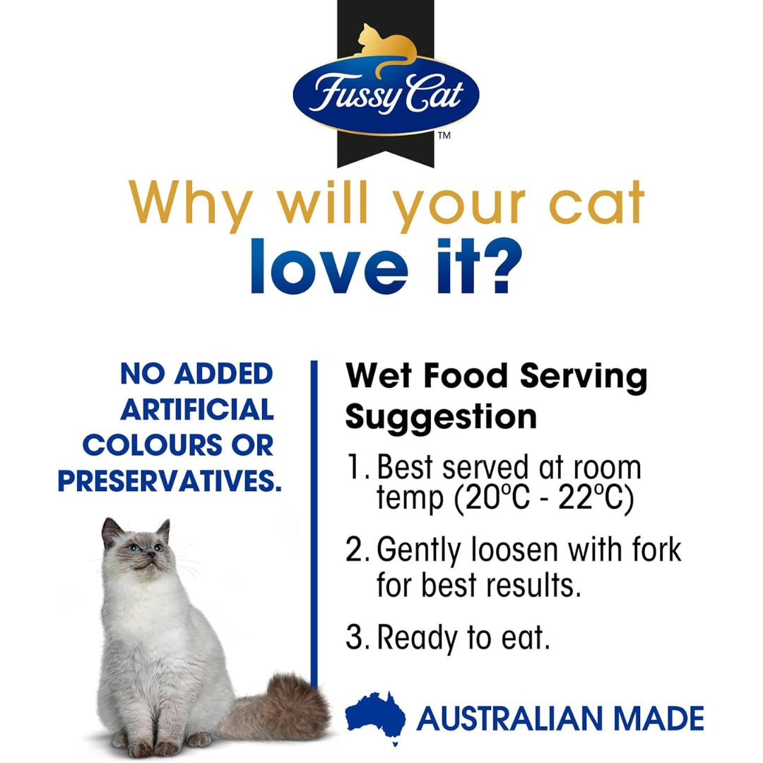 Fussy Cat wet food packaging with a cat illustration and text about product features.