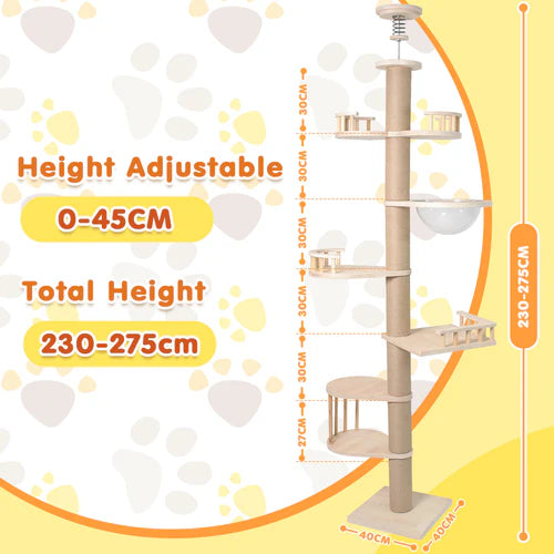 Cat tree with adjustable height measurement on a yellow and white background at Pet Servo