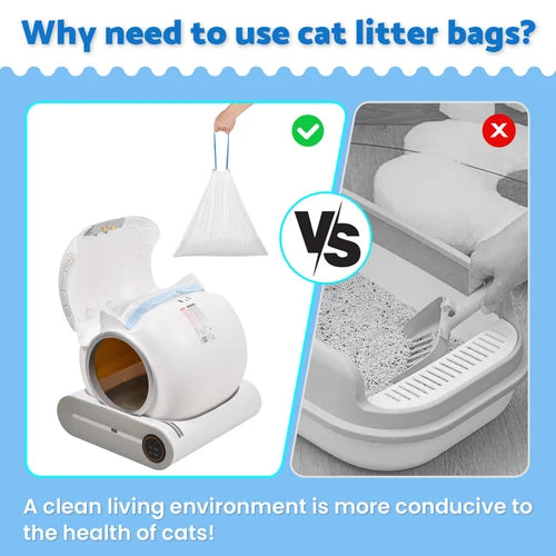 Promotional graphic for cat litter bags, showing a white automatic litter box on the left and a comparison with a litter tray on the right. Text at the top asks 'Why need to use cat litter bags?' and text at the bottom says, 'A clean living environment is more conducive to the health of cats!' at Pet Servo