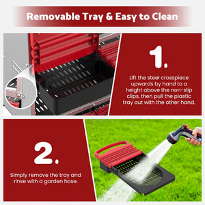 Instructions for removing a removable tray from a grill with text and images.