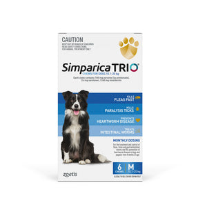 Simparica TRIO 6 chew packaging for dogs with a dog illustration on a white background at Pet Servo