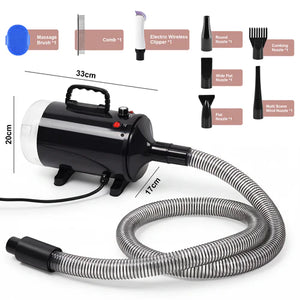 Black pet grooming dryer with hose and attachments on a white background at Pet Servo