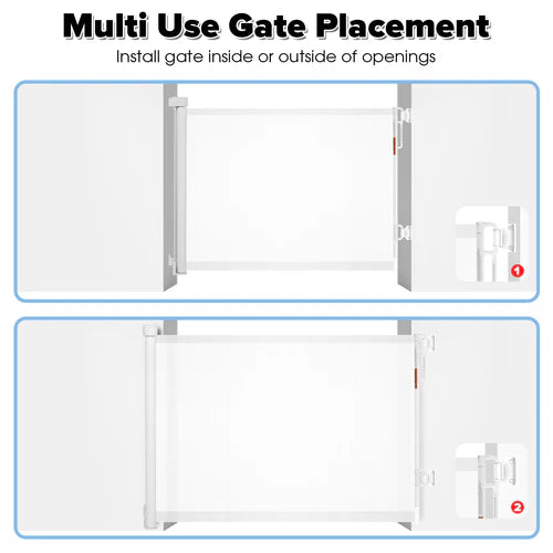 Illustration of a multi-use gate placement guide with text on a white background at Pet Servo