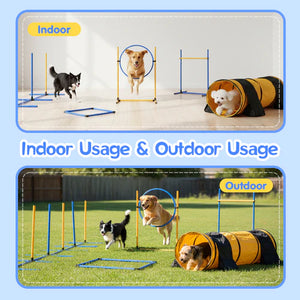 Dog agility equipment for indoor and outdoor use with dogs demonstrating at Pet Servo