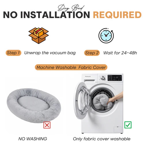 Instructions for using a machine washable fabric cover on a pet bed with a washing machine illustration at Pet Servo
