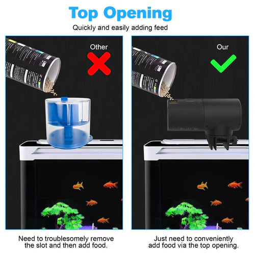 Comparison of adding fish food to an aquarium using a top-opening device versus other methods at Pet Servo