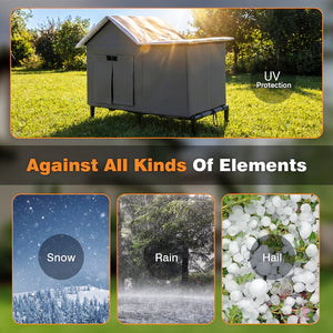 Outdoor storage shed with UV protection features shown against various elements at Pet Servo