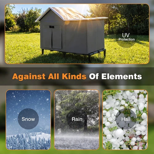 A composite marketing graphic for an outdoor storage shed or dog house. The top panel shows the gray metal structure in a grassy yard with sunlight and the text 'UV Protection at Pet Servo