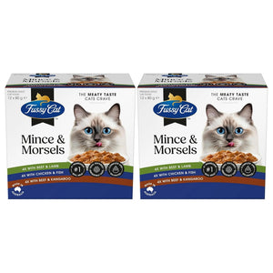 Two boxes of Fussy Cat Mince & Morsels cat food on a white background