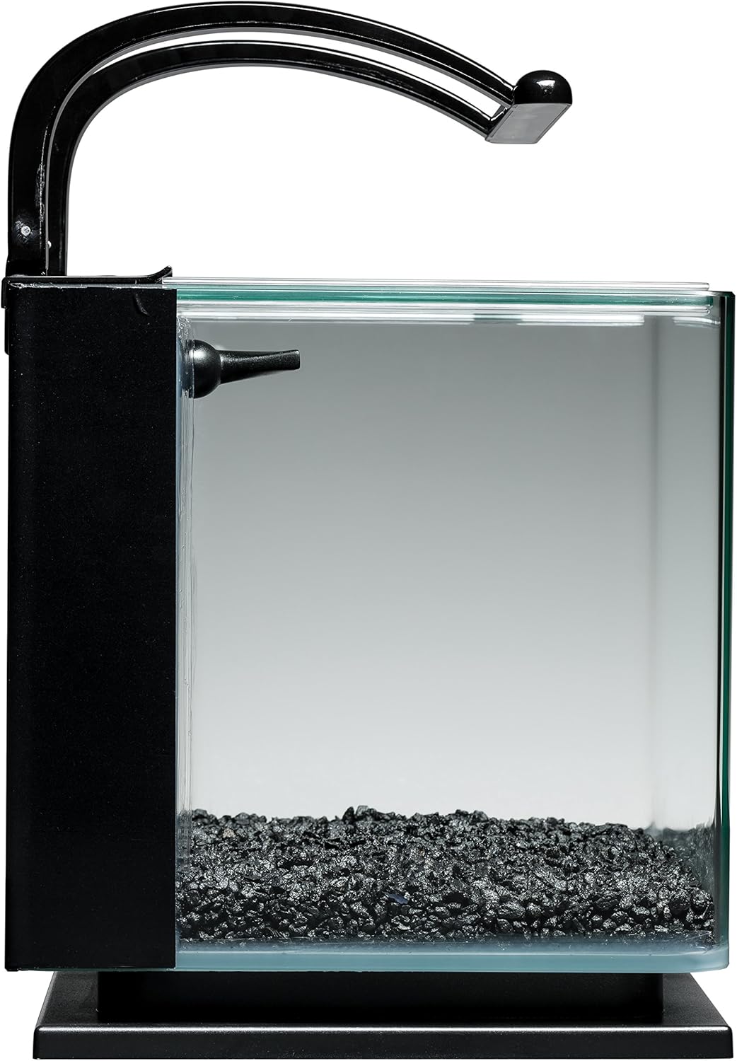 Small glass aquarium with black metal stand and lid on a white background at Pet Servo