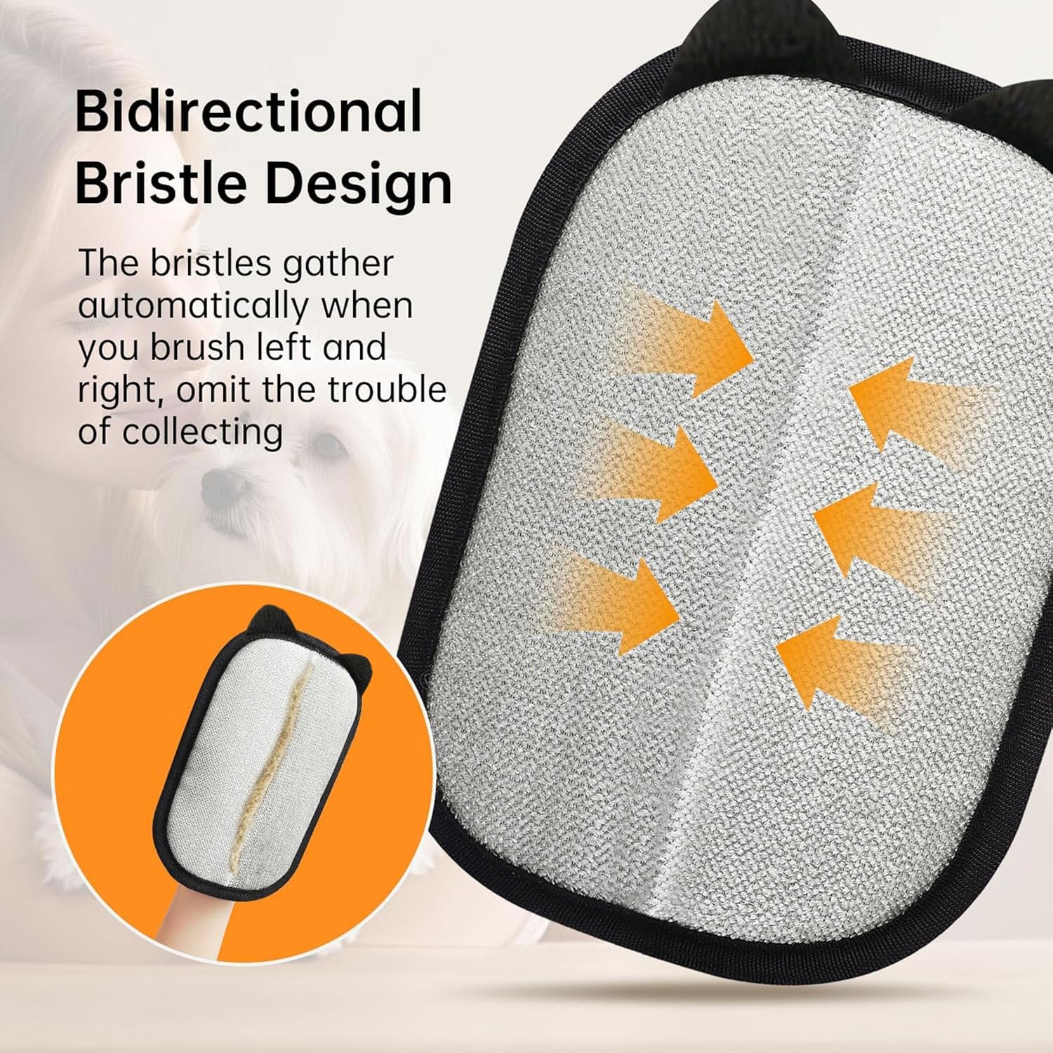 Cleaning pad with bidirectional bristle design and text explaining its functionality at Pet Servo