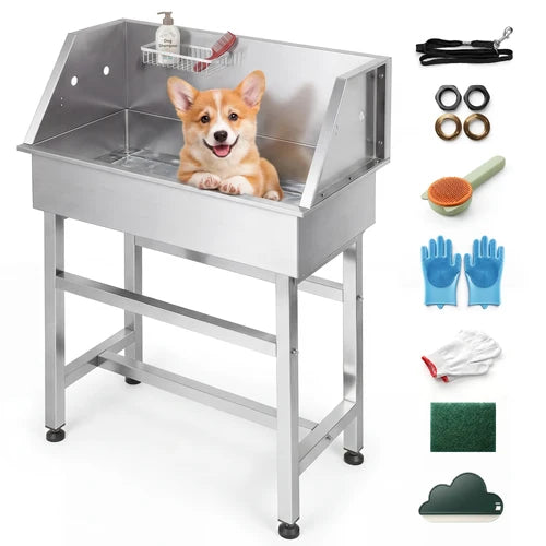 Dog grooming station with a corgi inside, surrounded by grooming tools on a white background at Pet Servo