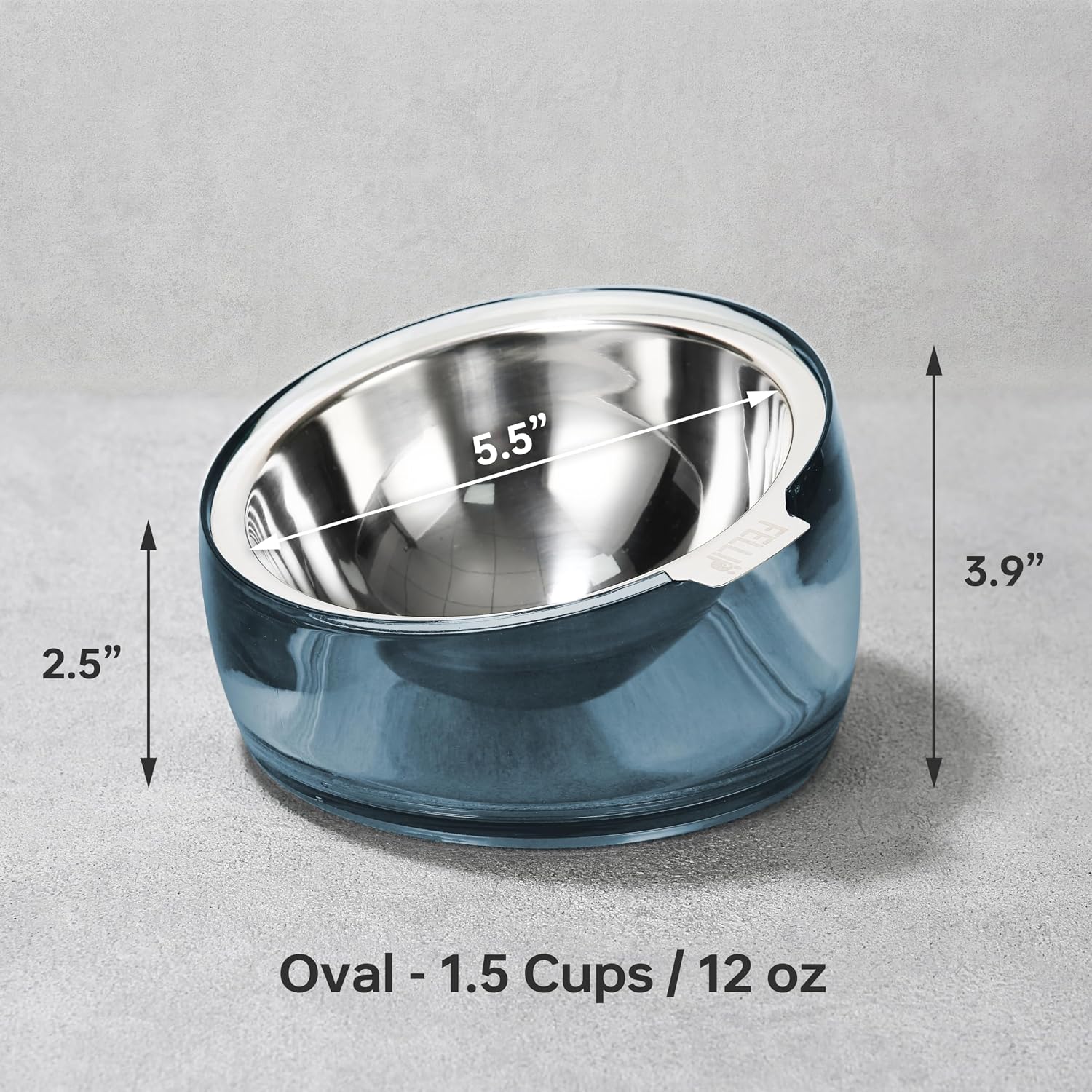Blue pet bowl with measurements on a gray background at Pet Servo