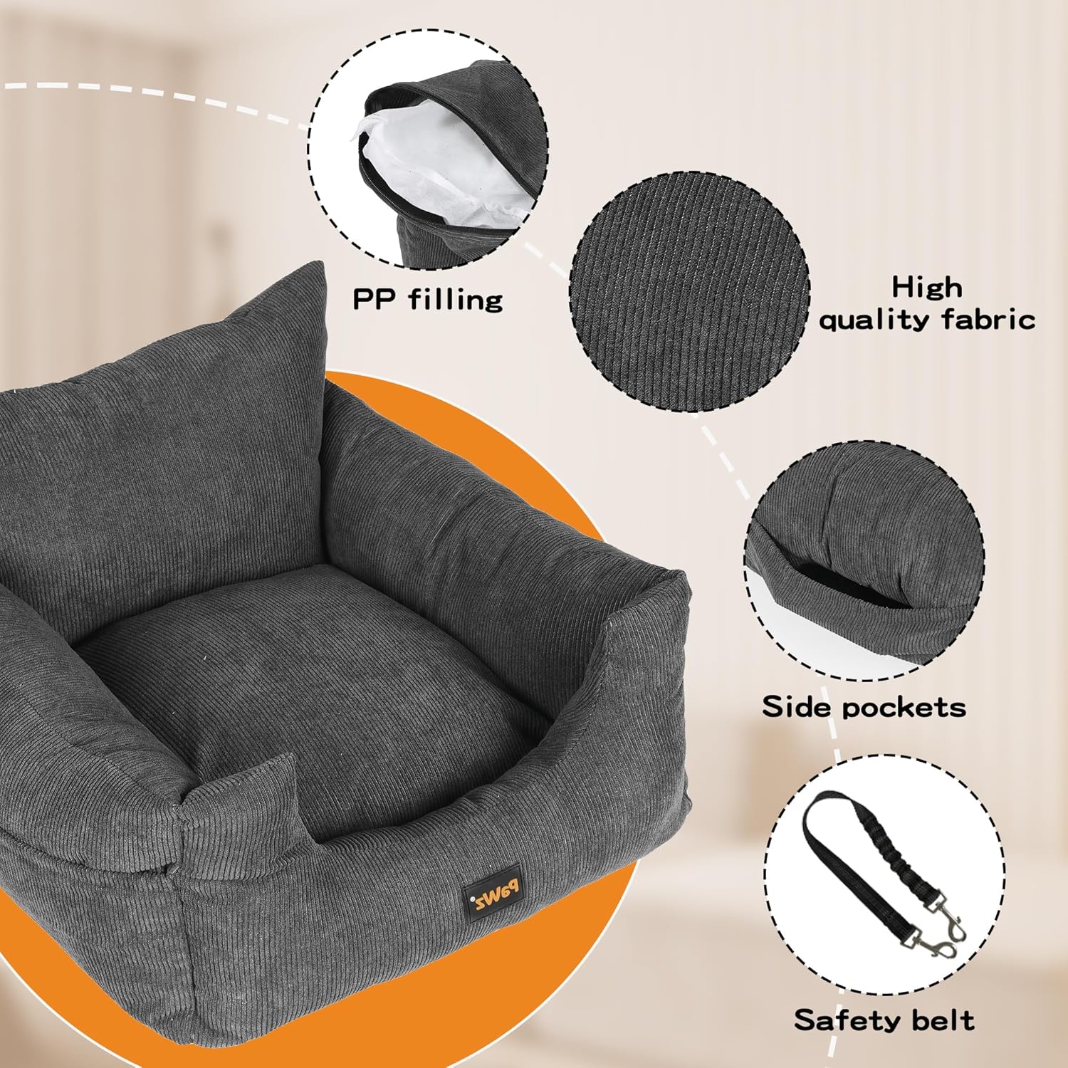 Gray pet bed with features highlighted on a beige background at Pet Servo