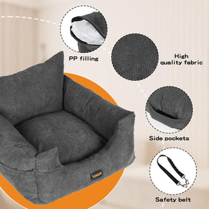 Gray pet bed with features highlighted on a beige background at Pet Servo