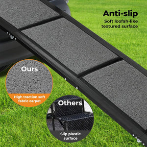 Black metal ladder-style steps with dark gray textured anti-slip carpet pads, shown outdoors on green grass. Callout circles compare the product's high traction fabric carpet to a slip plastic surface, with text reading 'Anti-slip' and 'Soft loofah-like textured surface at Pet Servo