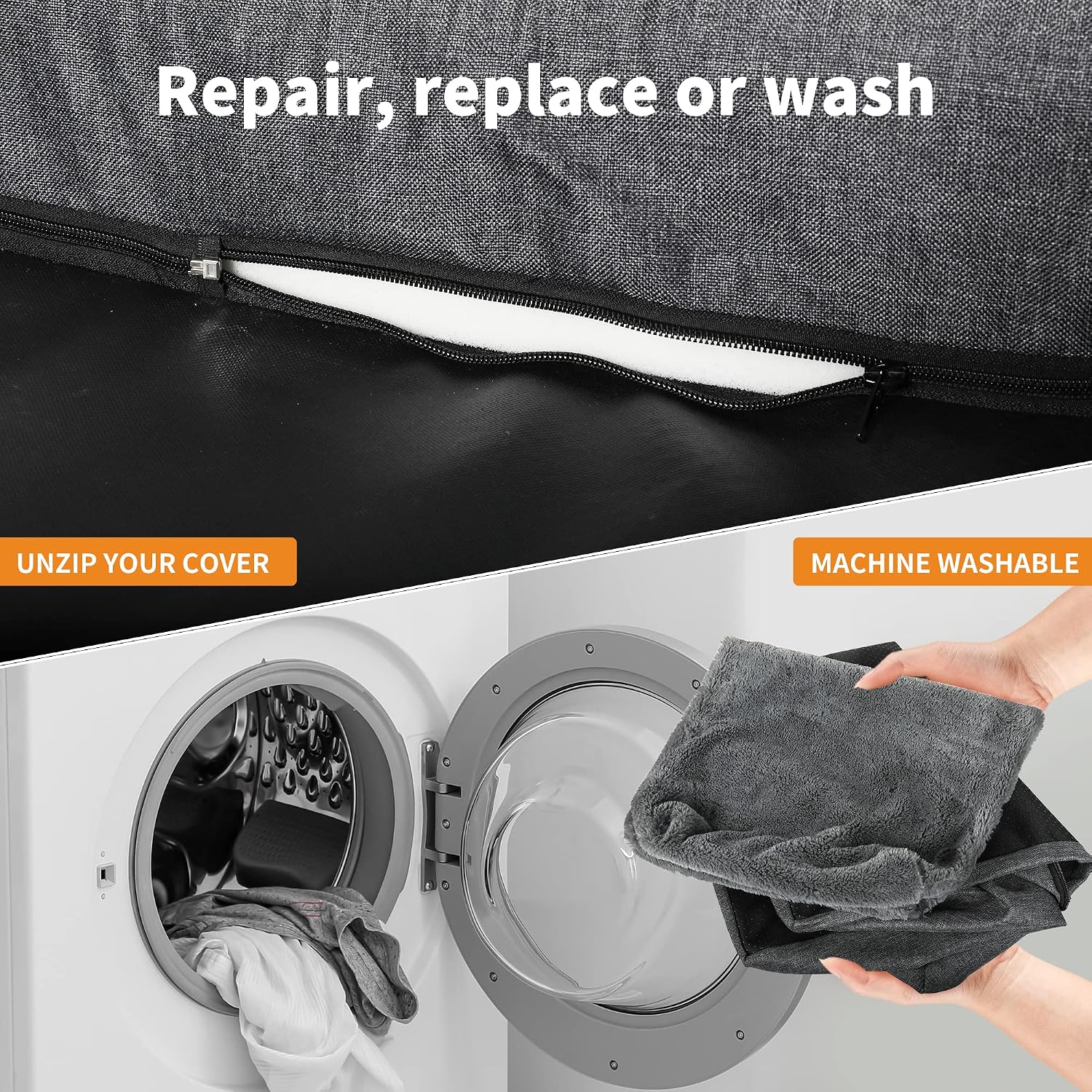 Cover with text 'Repair, replace or wash' and a person holding a towel next to a washing machine at Pet Servo