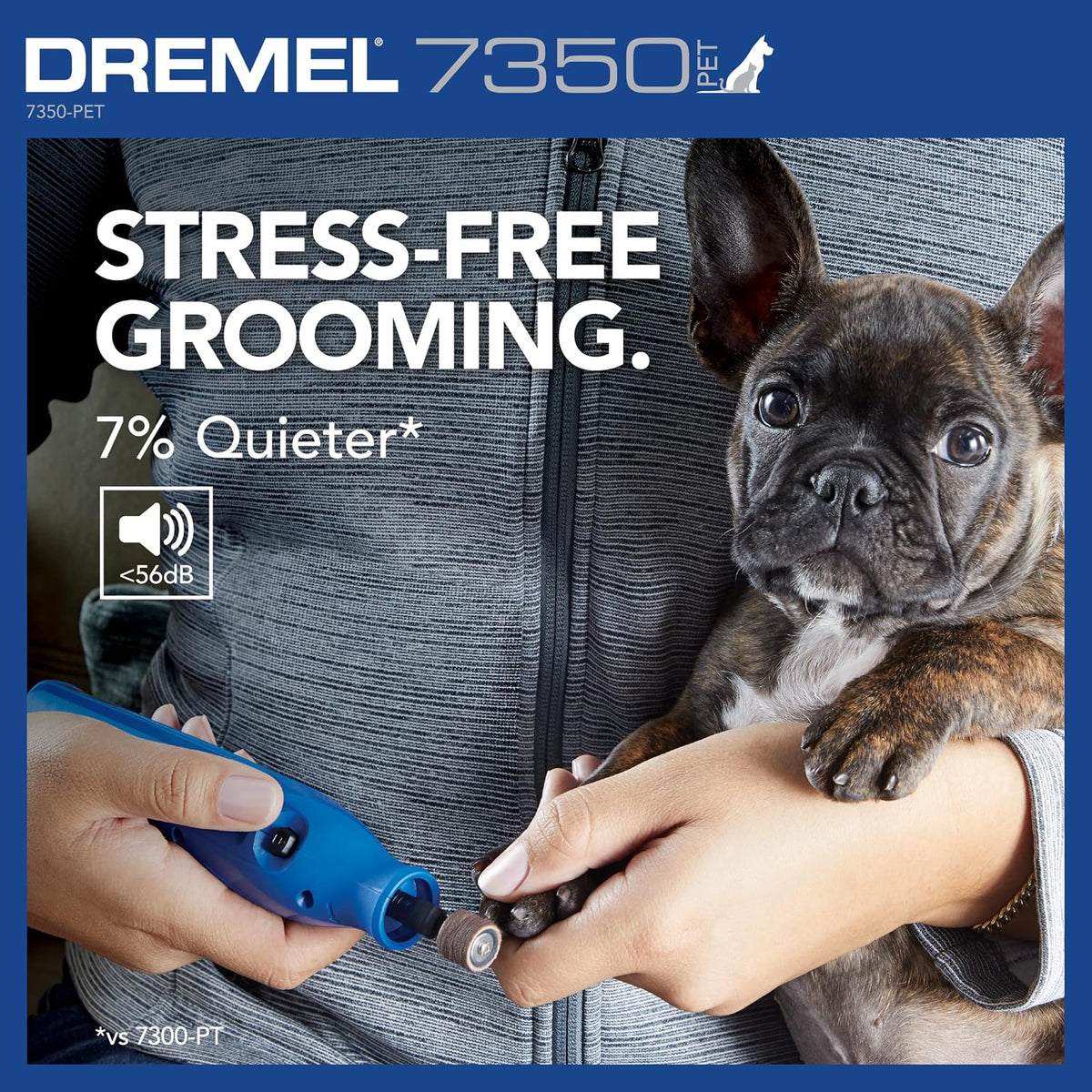 Person grooming a dog with a Dremel tool, featuring text about stress-free grooming and quieter operation.