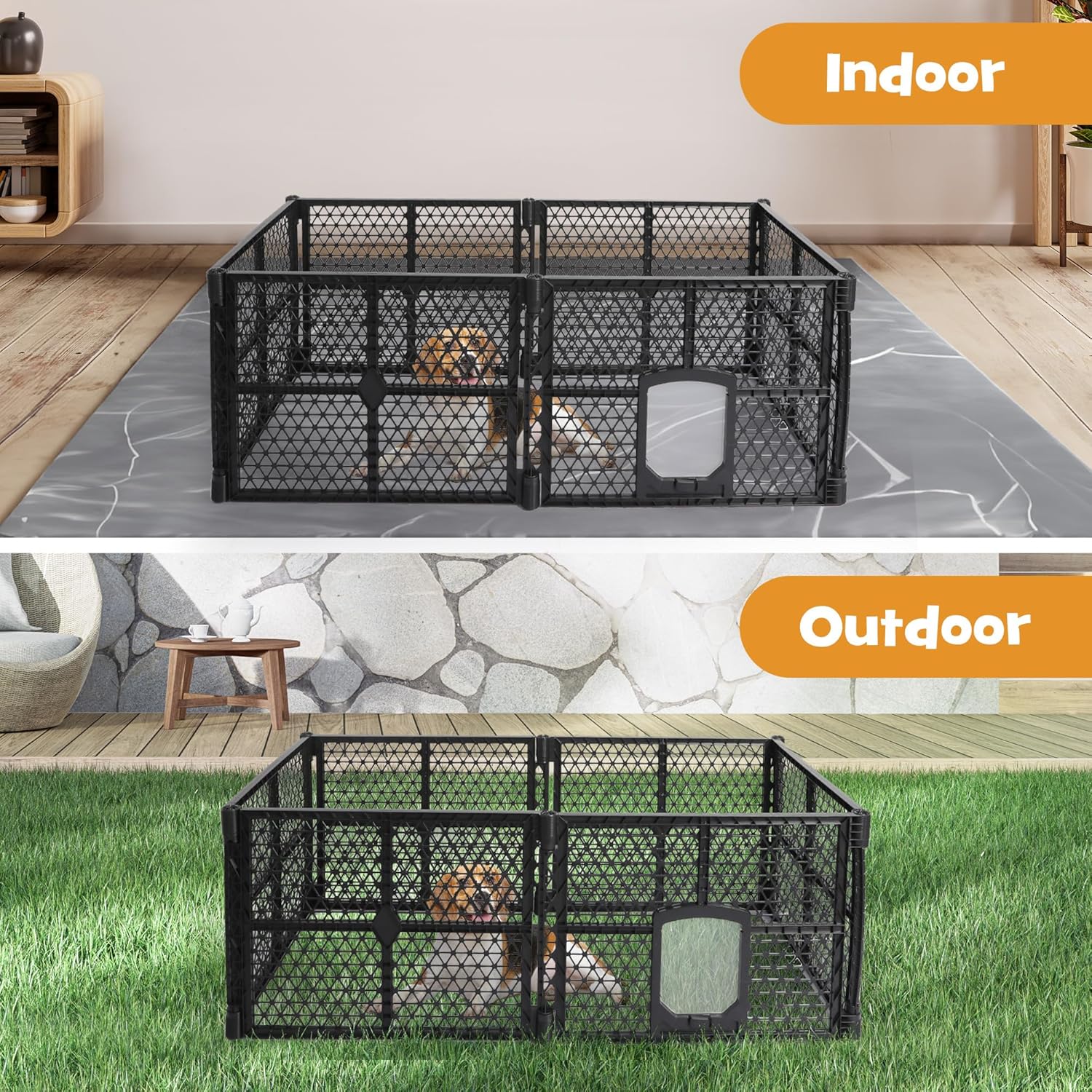 A black metal mesh pet playpen shown in two settings: labeled 'Indoor' on a gray rug in a room and labeled 'Outdoor' on green grass in a patio setting. A dog is visible inside the playpen in both scenes at Pet Servo