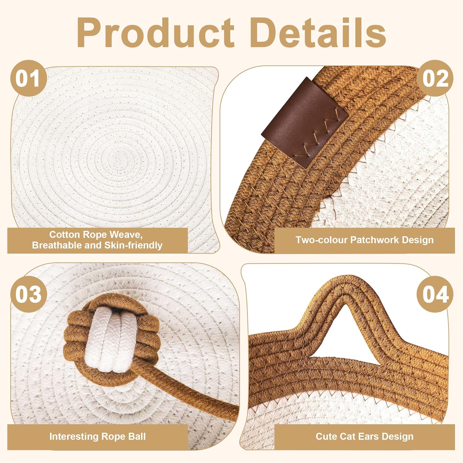 Product details of a rope toy with cotton rope weave, two-color patchwork design, rope ball, and cat ears at Pet Servo