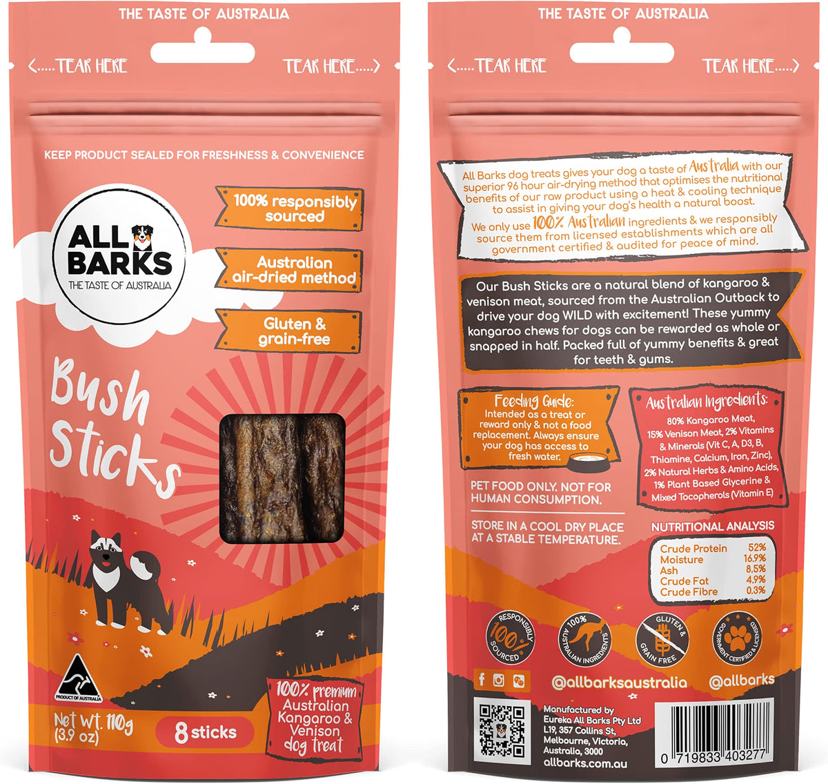 Front and back views of a package of All Barks Bush Sticks dog treats, showing the orange and red packaging with illustrations of kangaroos, a kangaroo, and product details.