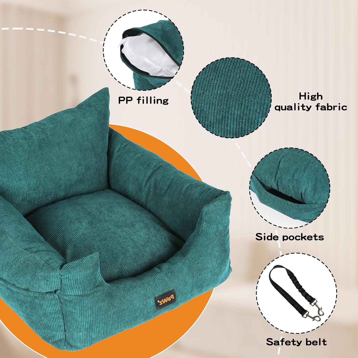 Teal pet bed with features highlighted on a beige background at Pet Servo
