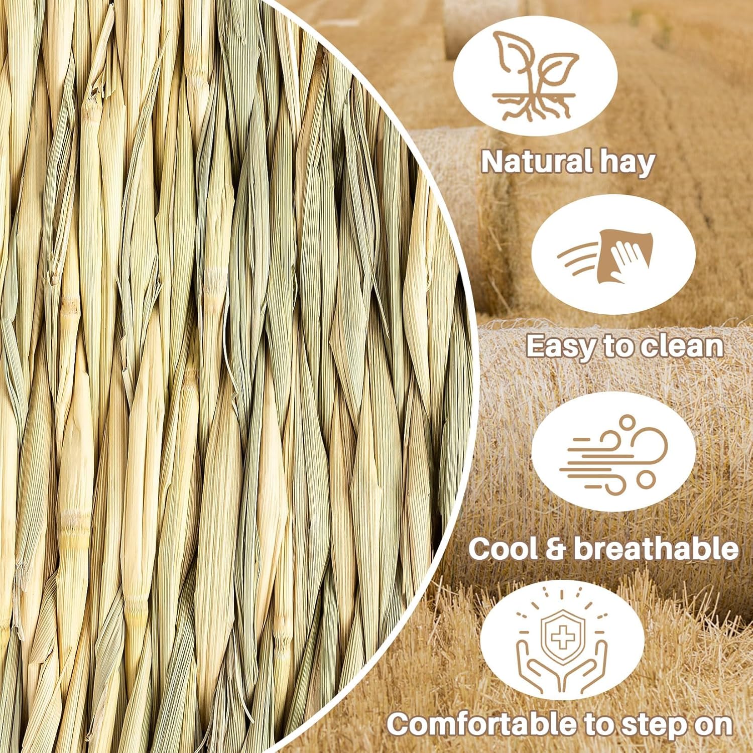 Close-up of natural hay with icons and text highlighting its benefits at Pet Servo