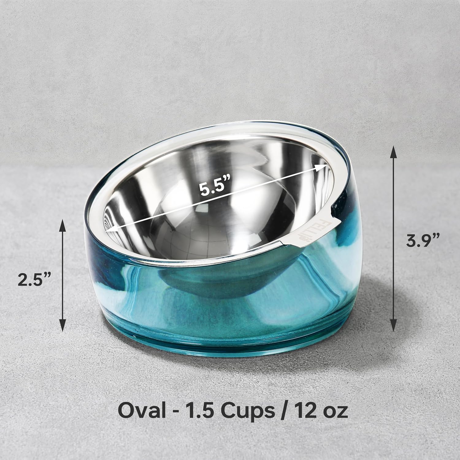 Blue and silver pet bowl with measurements on a gray background at Pet Servo