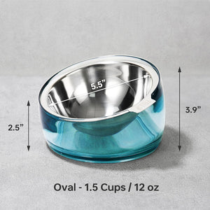 Blue and silver pet bowl with measurements on a gray background at Pet Servo
