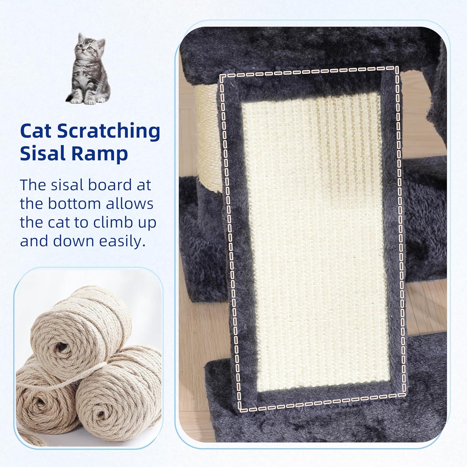 Cat scratching sisal ramp with sisal board and cat illustration on a light blue background at Pet Servo