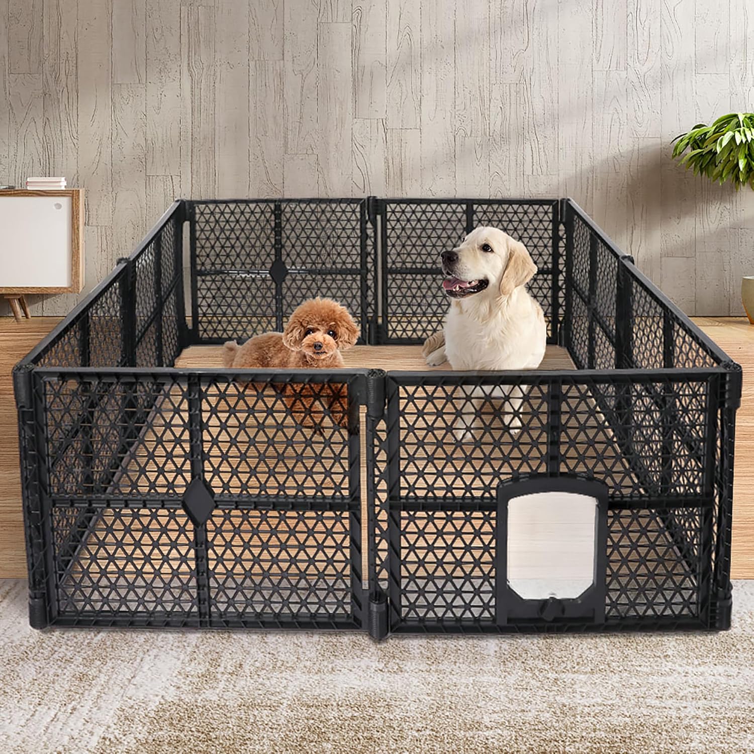 A black plastic modular dog playpen with a small door, set up in a room with a wood-look wall and rug. Two dogs, one golden retriever and one poodle, are inside the playpen at Pet Servo