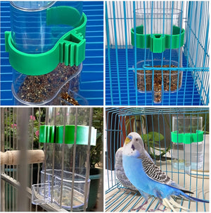 Collage of a green bird feeder attachment on a transparent container with bird seeds, placed inside a blue bird cage, and a blue and white parakeet perched on the cage at Pet Servo