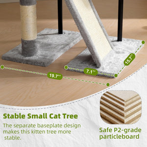 Cat tree with measurements and safety features highlighted on a wooden floor at Pet Servo