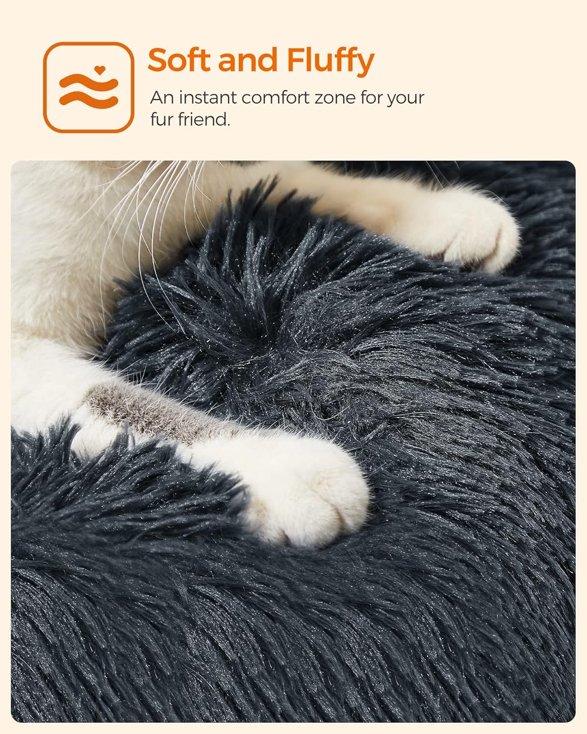 Cat lying on a fluffy dark gray pet bed with 'Soft and Fluffy' text and branding at Pet Servo