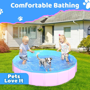 Children playing in an inflatable pool with a dog, set against a house and garden backdrop at Pet Servo