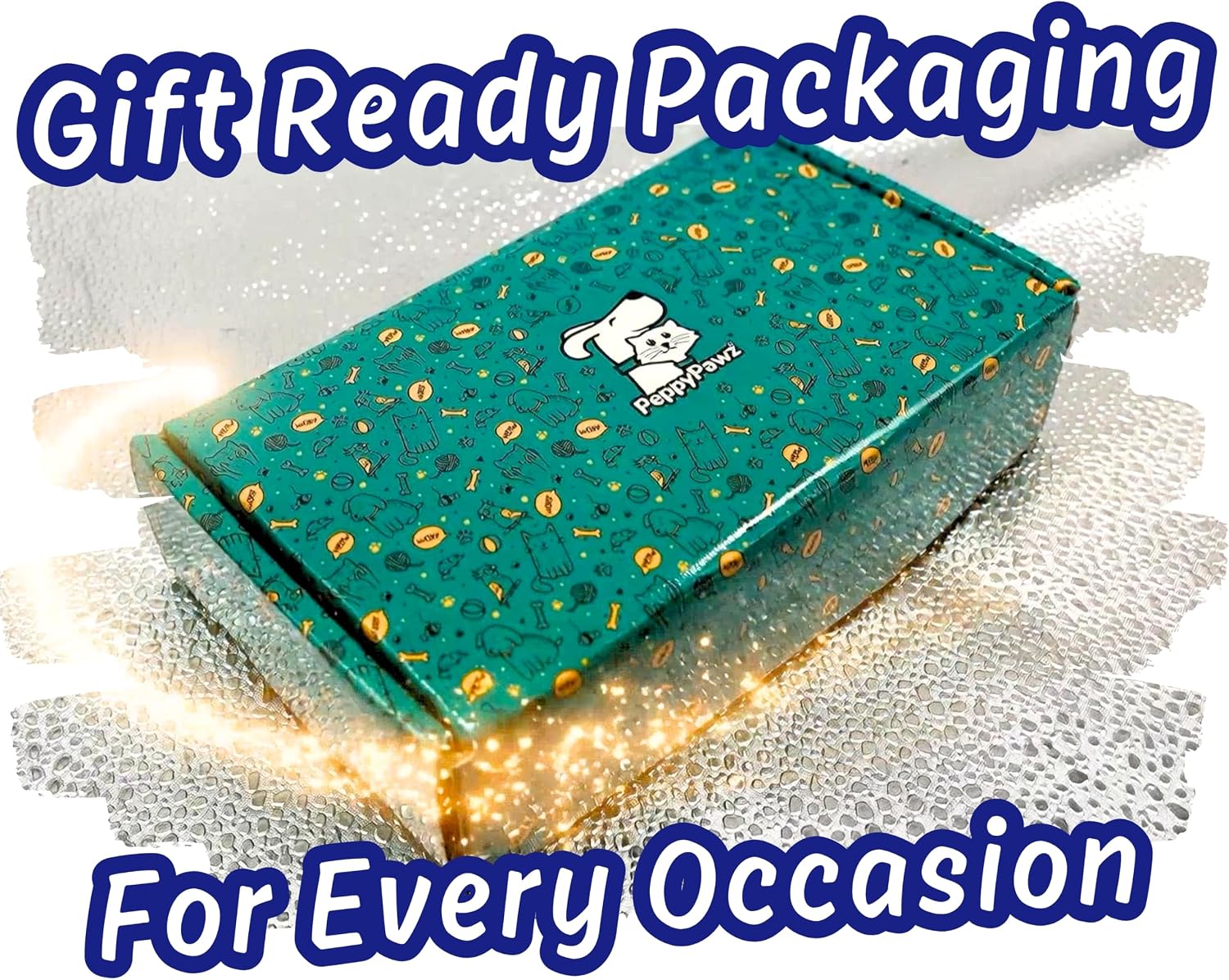 A teal gift box with a coffee bean pattern and a 'Penny Wink' logo, surrounded by digital sparkles and large blue text reading 'Gift Ready Packaging For Every Occasion' at Pet Servo