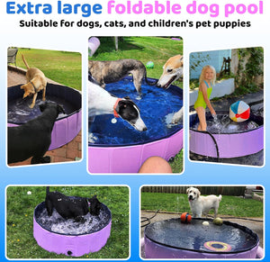 Collage of a large foldable dog pool with dogs and children playing in it at Pet Servo