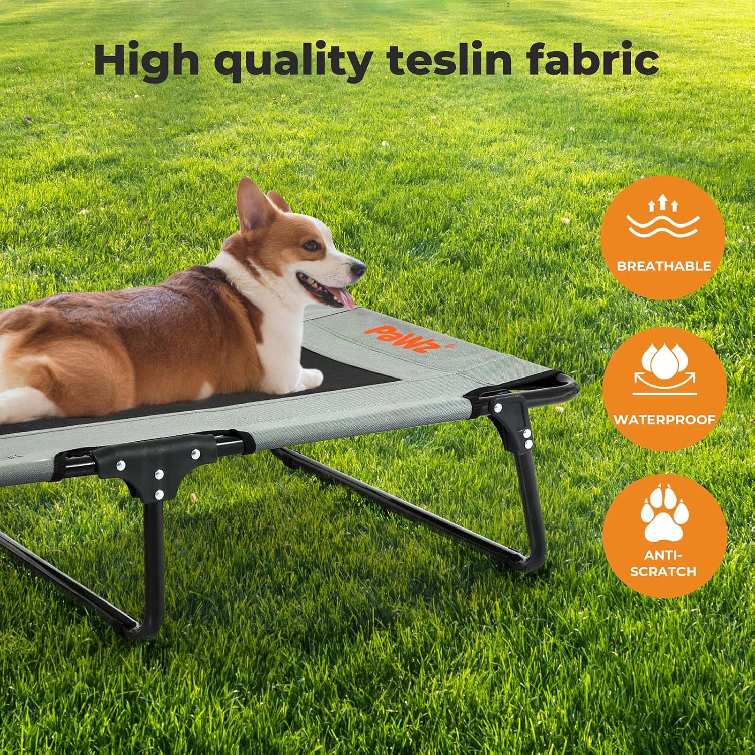 Dog lying on a portable pet bed with 'Pawz' branding on grass, featuring text about high-quality teslin fabric at Pet Servo