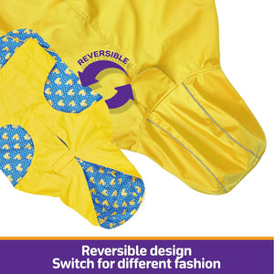 Yellow jacket with blue patterned sleeves and 'Reversible' text on a white background at Pet Servo