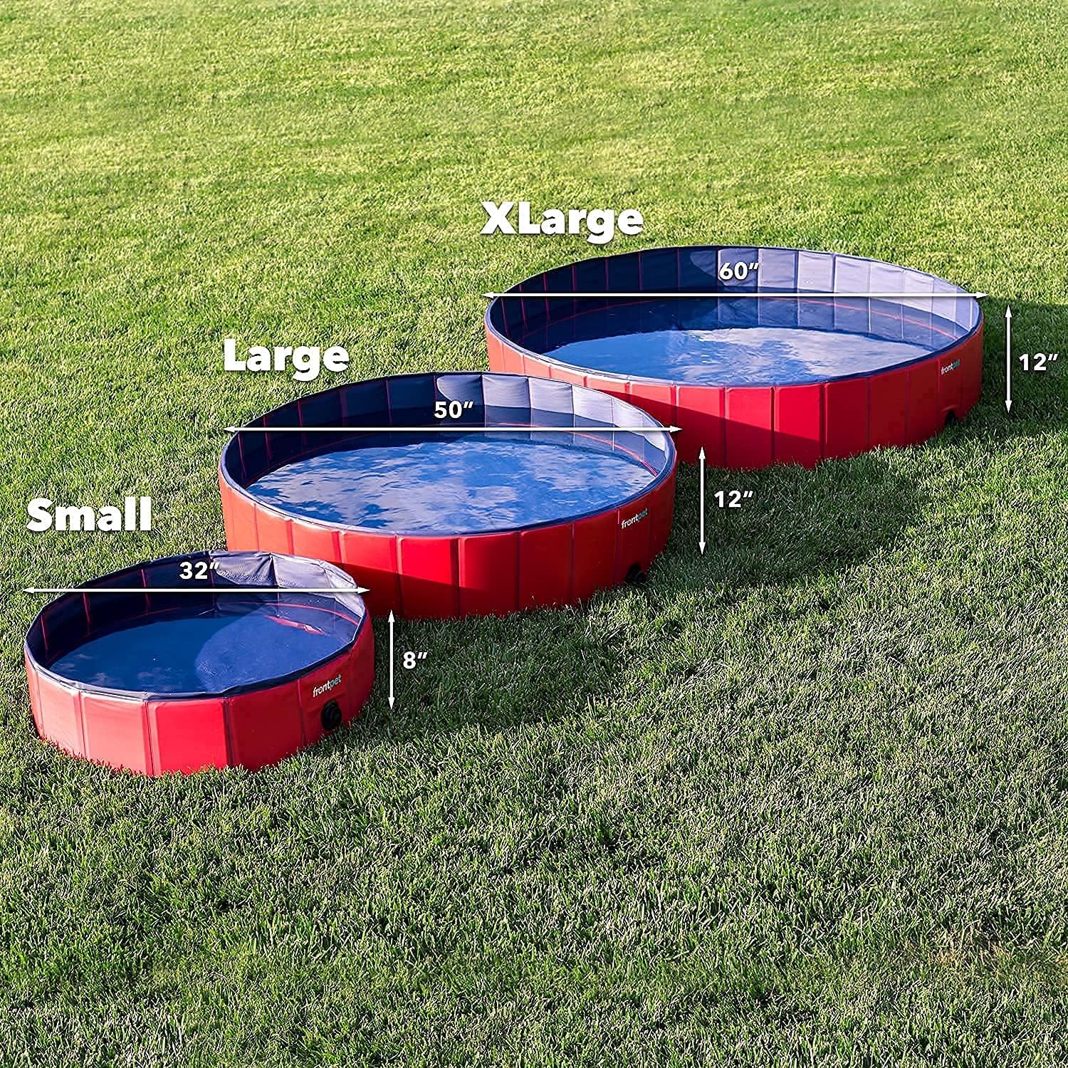 Three sizes of red and blue pet pools on grass with measurements indicated at Pet Servo