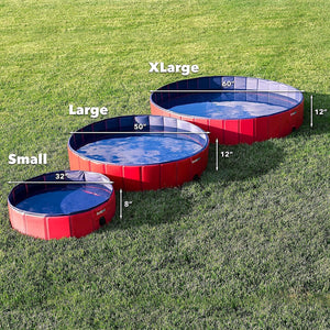 Three sizes of red and blue pet pools on grass with measurements indicated at Pet Servo
